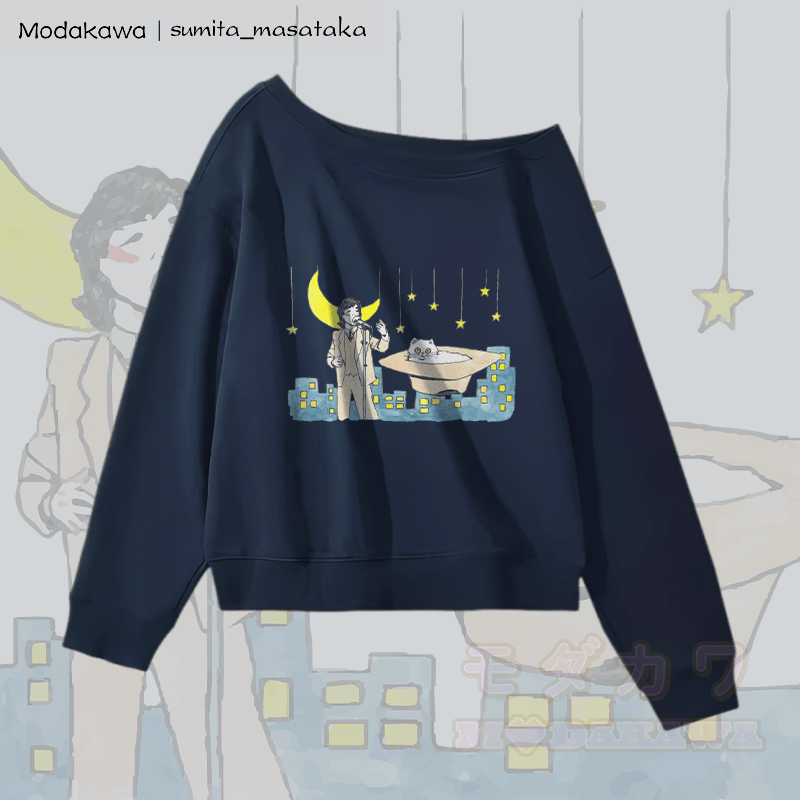 MODAKAWA X sumita_masataka Sängerin und die Katze Grafik Off-Shoulder Sweatshirt - Purpurblau - L - image 1