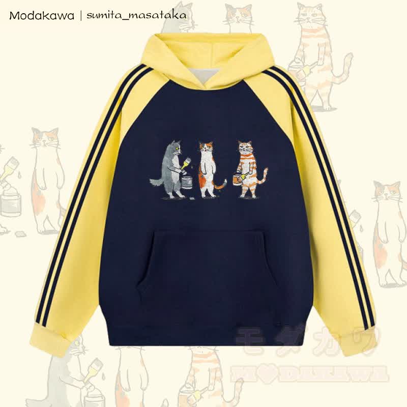 MODAKAWA X sumita_masataka Cat Painter Graphic Farben Block Fleece gefütterter Kapuzenpullover - Gelb & Lila Blau - 2XL - image 1