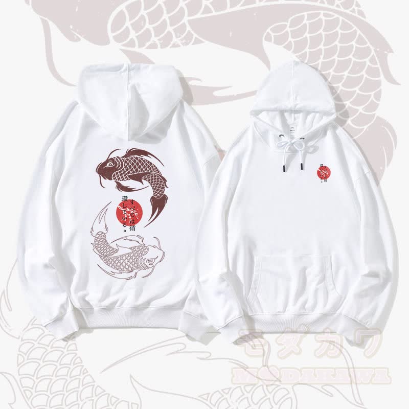 MODAKAWA Dual Koi Graphic Streetwear Pullover Hoodie - Weiß - 5XL - image 4