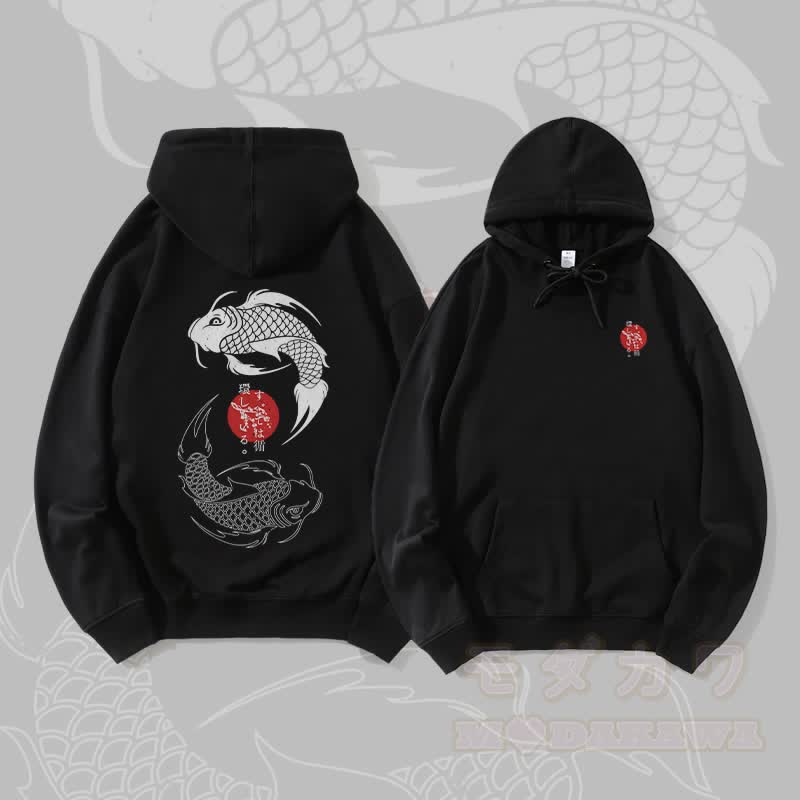 MODAKAWA Dual Koi Graphic Streetwear Pullover Hoodie - Schwarz - 5XL - image 3