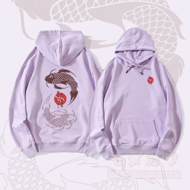 MODAKAWA Dual Koi Graphic Streetwear Pullover Hoodie - Lila - 5XL - image 2