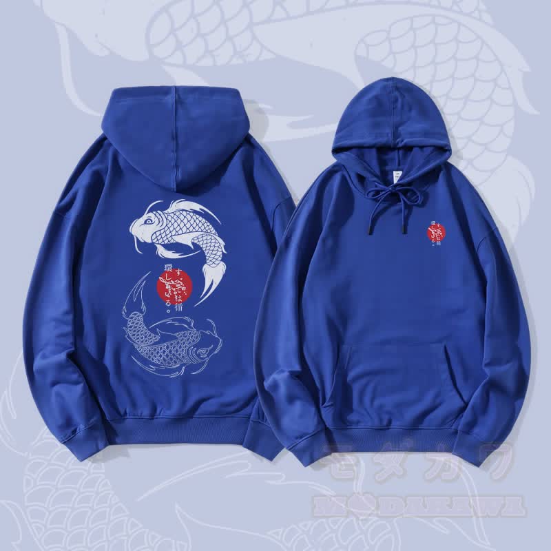 MODAKAWA Dual Koi Graphic Streetwear Pullover Hoodie - Königsblau - 5XL - image 1
