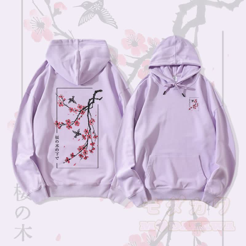 MODAKAWA Streetwear-Pullover-Hoodie mit Kirschblüten- und Vogelmotiv - Lila - 5XL - image 1