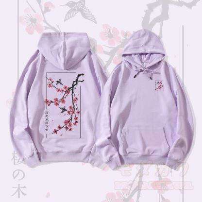 MODAKAWA Streetwear-Pullover-Hoodie mit Kirschblüten- und Vogelmotiv - Lila - 5XL - image 1