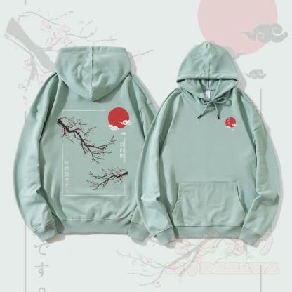 MODAKAWA Streetwear Pullover Hoodie mit Kirschblüten- und Sonnenmotiv - Grün - 5XL - image 1
