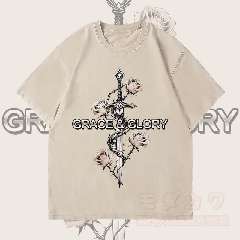 MODAKAWA GRACE GLORY Gothic Rose Sword Graphic Unisex Vintage Washed T-Shirt - Beige - 4XL - image 2
