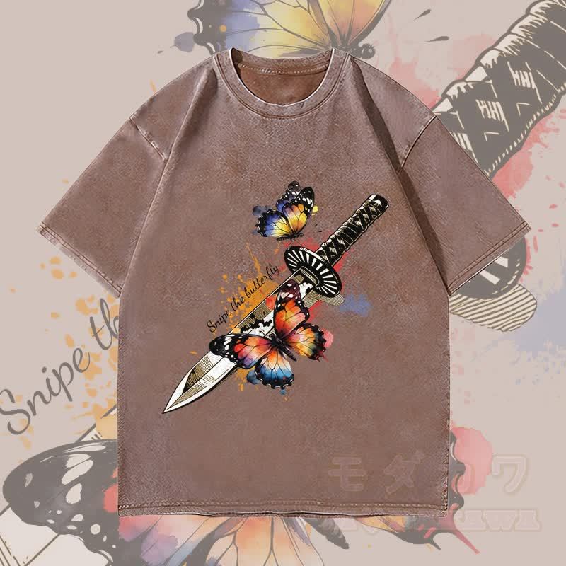 MODAKAWA Schmetterlingsschwert-Grafik Unisex Vintage Washed T-Shirt - Braun - 4XL - image 2