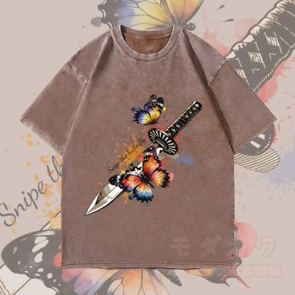 MODAKAWA Schmetterlingsschwert-Grafik Unisex Vintage Washed T-Shirt - Braun - 4XL - image 2