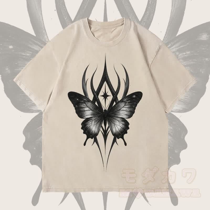 MODAKAWA Gothic Butterfly Graphic Unisex Vintage Washed T-Shirt - Beige - 4XL - image 2