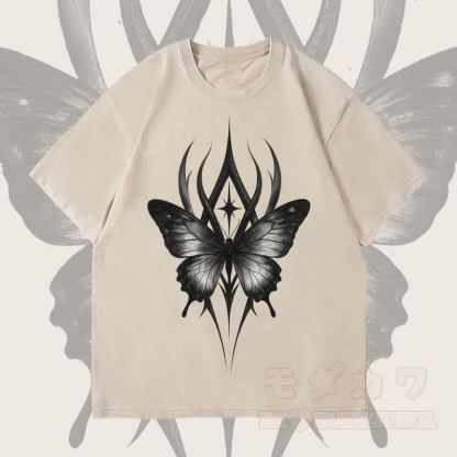 MODAKAWA Gothic Butterfly Graphic Unisex Vintage Washed T-Shirt - Beige - 4XL - image 2