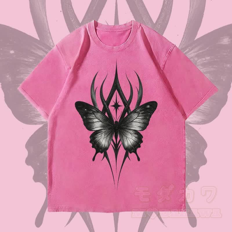MODAKAWA Gothic Butterfly Graphic Unisex Vintage Washed T-Shirt - Rosenrot - 4XL - image 1