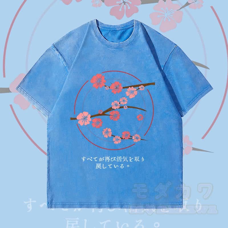 MODAKAWA Unisex-T-Shirt mit Kirschblüten-Grafik im Vintage-Stil - Blau - 4XL - image 1