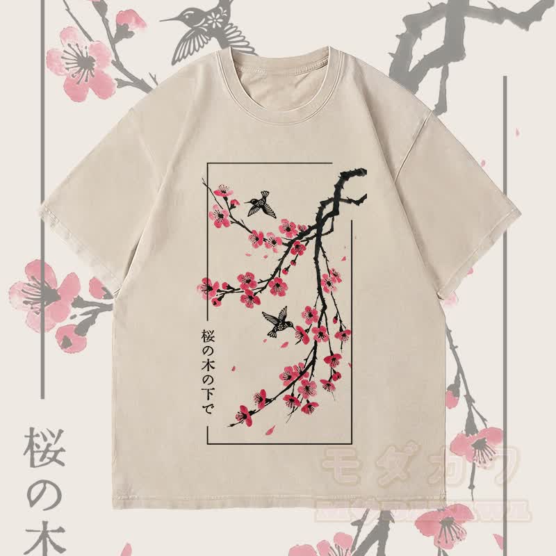 MODAKAWA Unisex-T-Shirt mit Kirschblüten- und Vogelmotiv im Vintage-Stil - Beige - 4XL - image 2