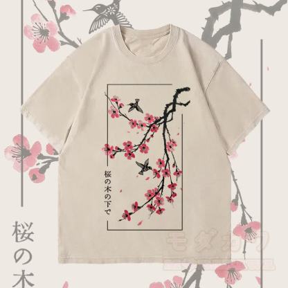 MODAKAWA Unisex-T-Shirt mit Kirschblüten- und Vogelmotiv im Vintage-Stil - Beige - 4XL - image 2