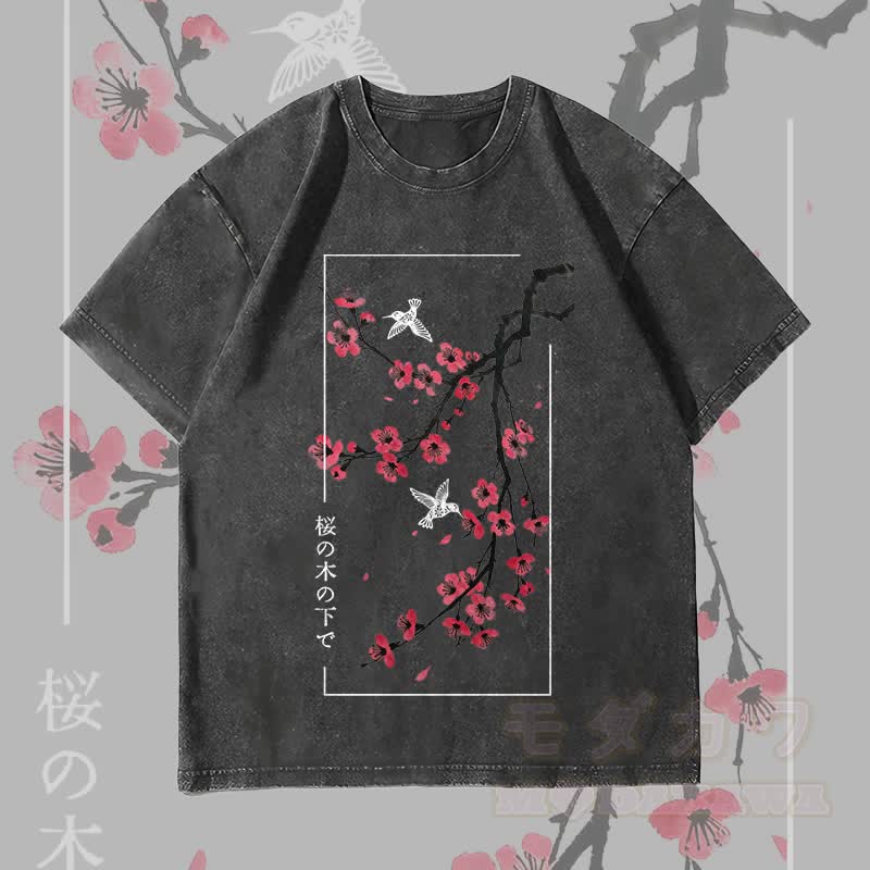 MODAKAWA Unisex-T-Shirt mit Kirschblüten- und Vogelmotiv im Vintage-Stil - Schwarz - 4XL - image 1