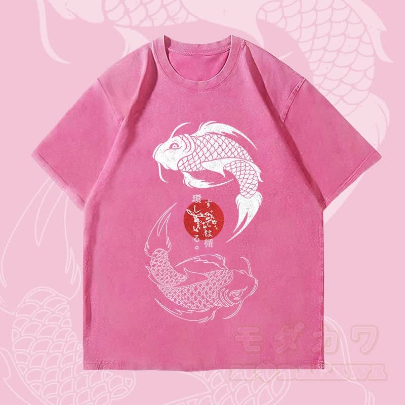 MODAKAWA Dual Koi Graphic Unisex Vintage Washed T-Shirt - Rosenrot - 4XL - image 2