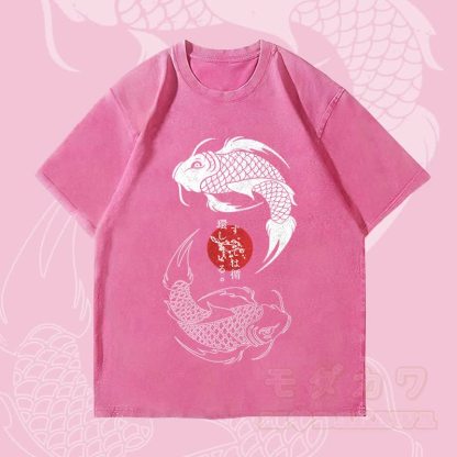 MODAKAWA Dual Koi Graphic Unisex Vintage Washed T-Shirt - Rosenrot - 4XL - image 2