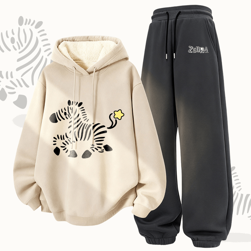 MODAKAWA Zweiteiliges Set aus Hoodie und Hose mit Zebra-Laufmotiv, dick gefüttert mit Fleece - Apricot&Dark Grey - 5XL - image 1