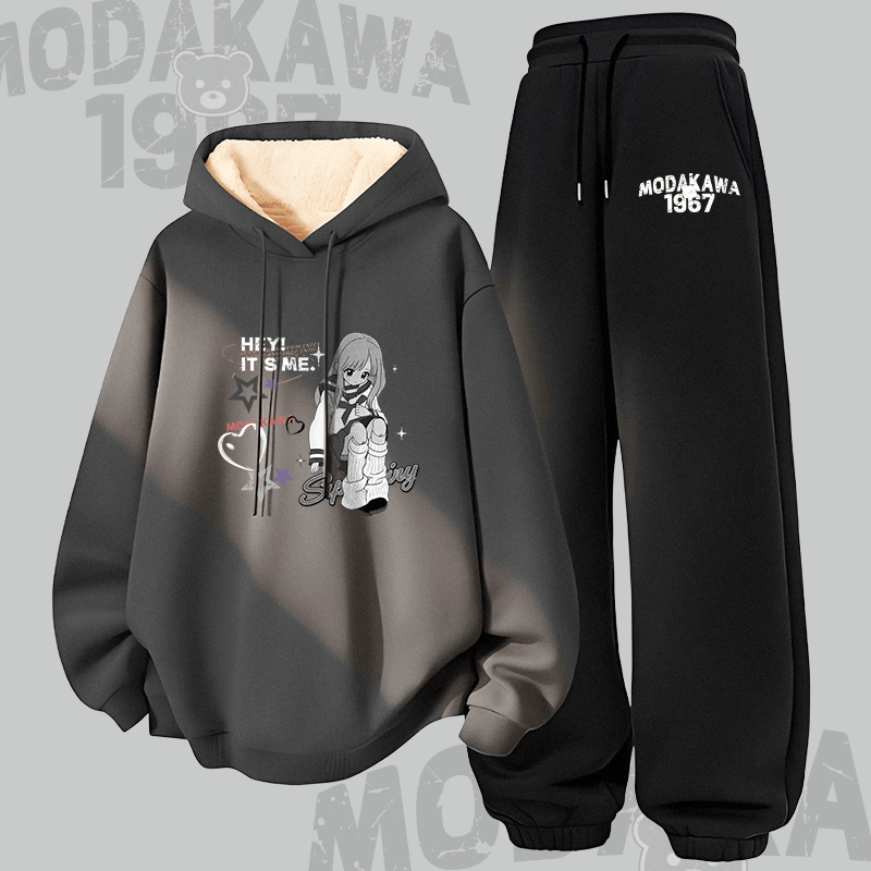 MODAKAWA HEY! IT'S ME Mädchen Grafik-Hoodie mit dickem Fleecefutter, zweiteiliges Set - Dark Grey&Black - 5XL - image 1