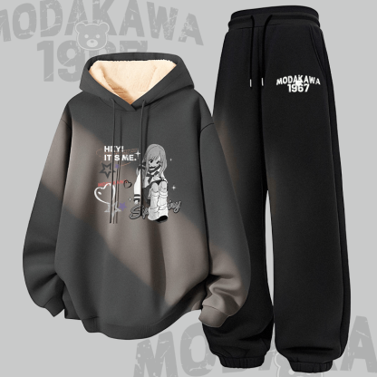 MODAKAWA HEY! IT'S ME Mädchen Grafik-Hoodie mit dickem Fleecefutter, zweiteiliges Set - Dark Grey&Black - 5XL - image 1