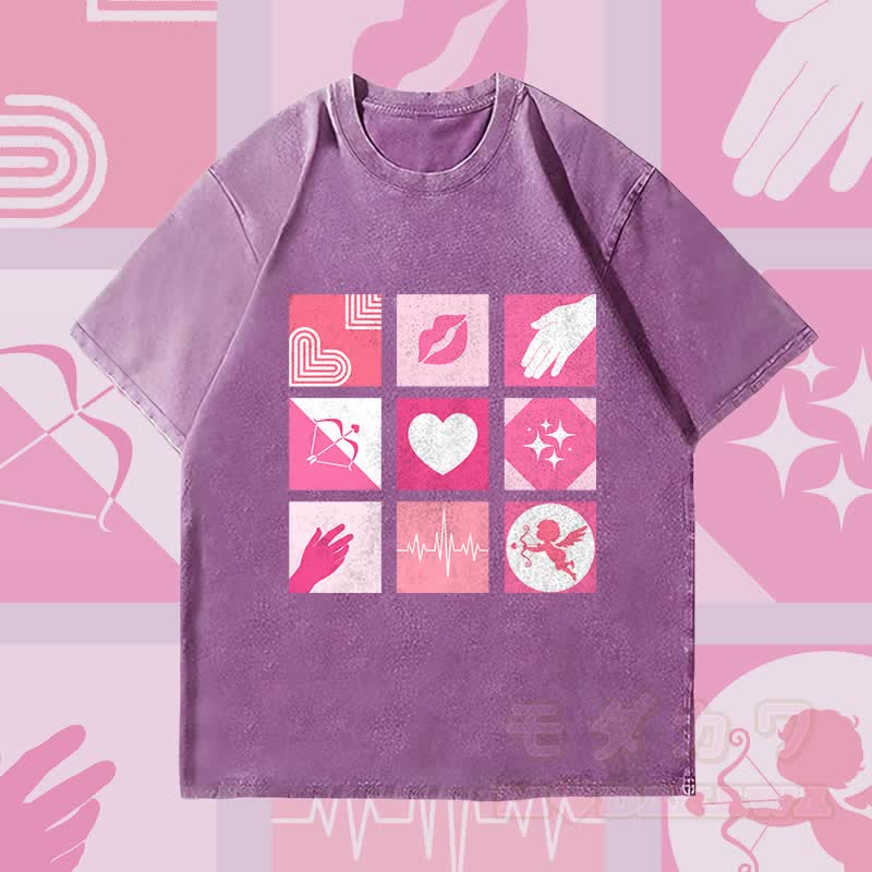 MODAKAWA Love Symbols Grid Graphic Unisex Vintage Washed T-Shirt - Lila - 4XL - image 2