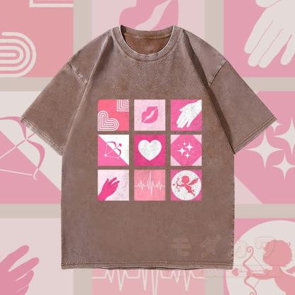 MODAKAWA Love Symbols Grid Graphic Unisex Vintage Washed T-Shirt - Braun - 4XL - image 1