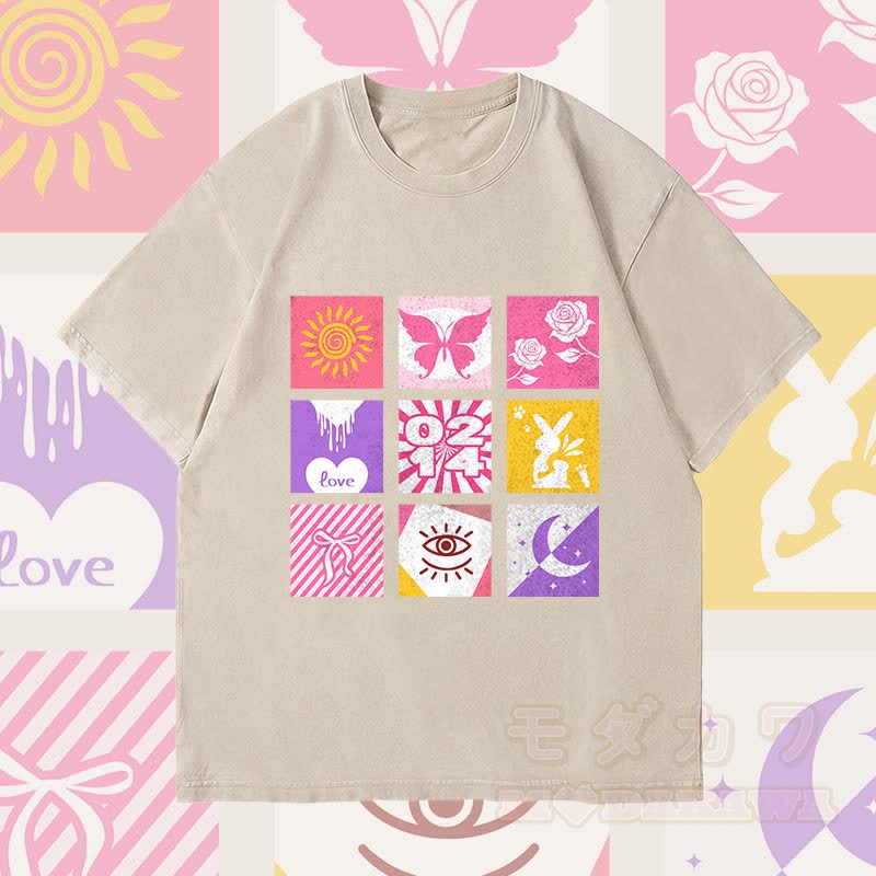 MODAKAWA Unisex Vintage Washed T-Shirt mit gemischtem Symbolgitter - Beige - 4XL - image 2