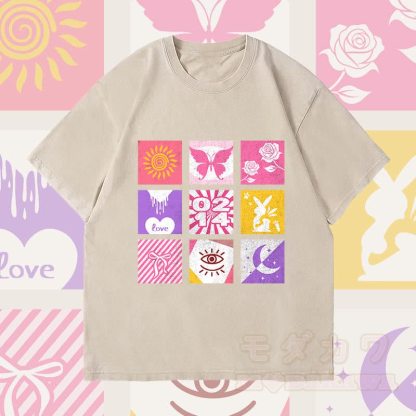 MODAKAWA Unisex Vintage Washed T-Shirt mit gemischtem Symbolgitter - Beige - 4XL - image 2