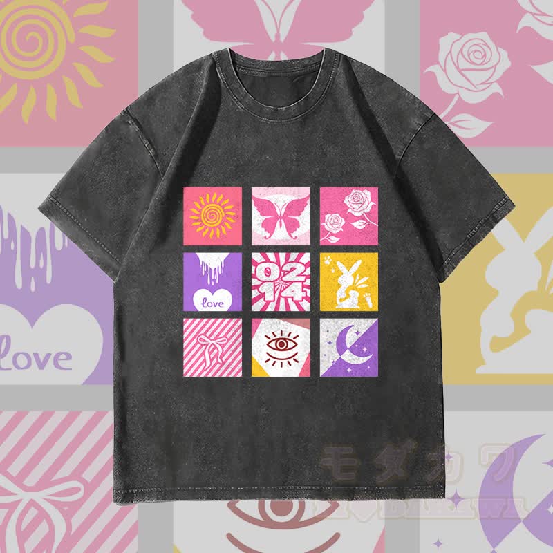 MODAKAWA Unisex Vintage Washed T-Shirt mit gemischtem Symbolgitter - Schwarz - 4XL - image 1