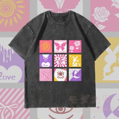 MODAKAWA Unisex Vintage Washed T-Shirt mit gemischtem Symbolgitter - Schwarz - 4XL - image 1