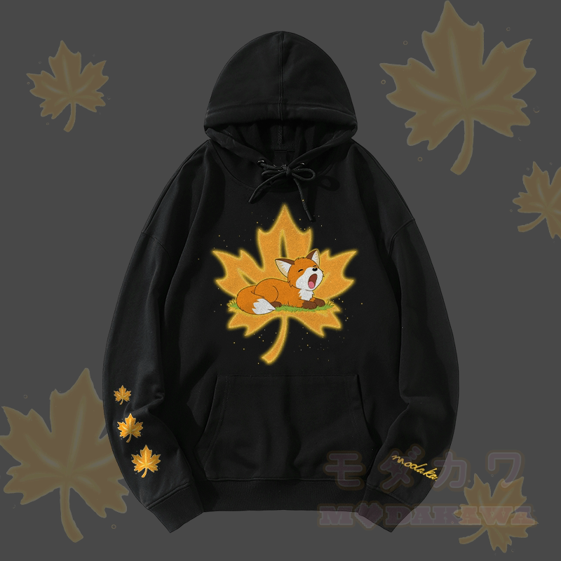 MODAKAWA Sleepy Maple Fox Graphic Streetwear Pullover Hoodie - Schwarz - 5XL - image 3