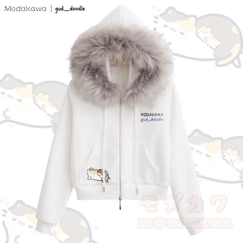 MODAKAWA x gud_doodle Kapuzenpullover mit Reißverschluss und Fleecefutter, Kunstpelzbesatz und Schlafkatzenmotiv - Weiß - L - image 2