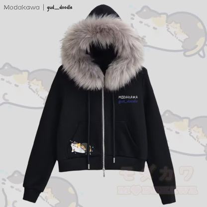 MODAKAWA x gud_doodle Kapuzenpullover mit Reißverschluss und Fleecefutter, Kunstpelzbesatz und Schlafkatzenmotiv - Schwarz - L - image 1