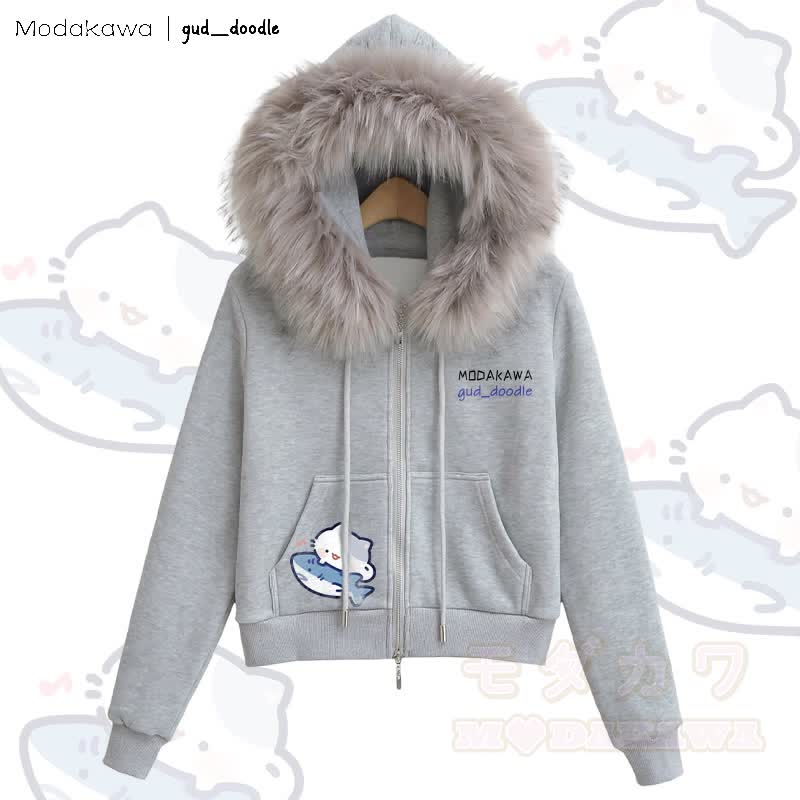 MODAKAWA x gud_doodle Kapuzenpullover mit Katzen- und Hai-Motiv, Fleece-gefüttert mit Kunstpelzbesatz und Reißverschluss - Grau - L - image 1