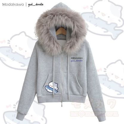 MODAKAWA x gud_doodle Kapuzenpullover mit Katzen- und Hai-Motiv, Fleece-gefüttert mit Kunstpelzbesatz und Reißverschluss - Grau - L - image 1