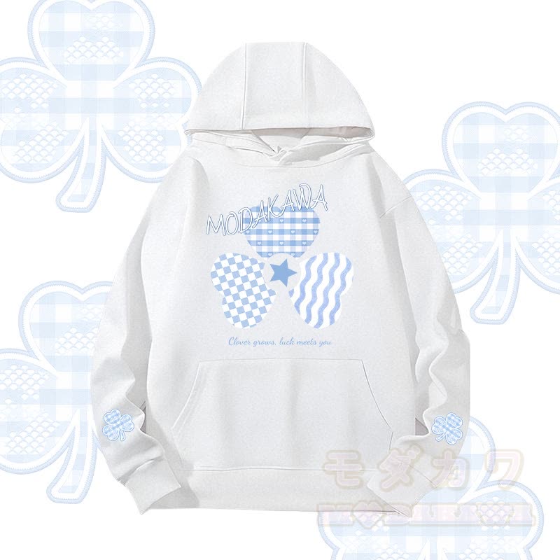 MODAKAWA Blauer Gingham-Hoodie mit dreifachem Kleeblatt-Motiv, schwere Ausführung - Weiß - 2XL - image 2