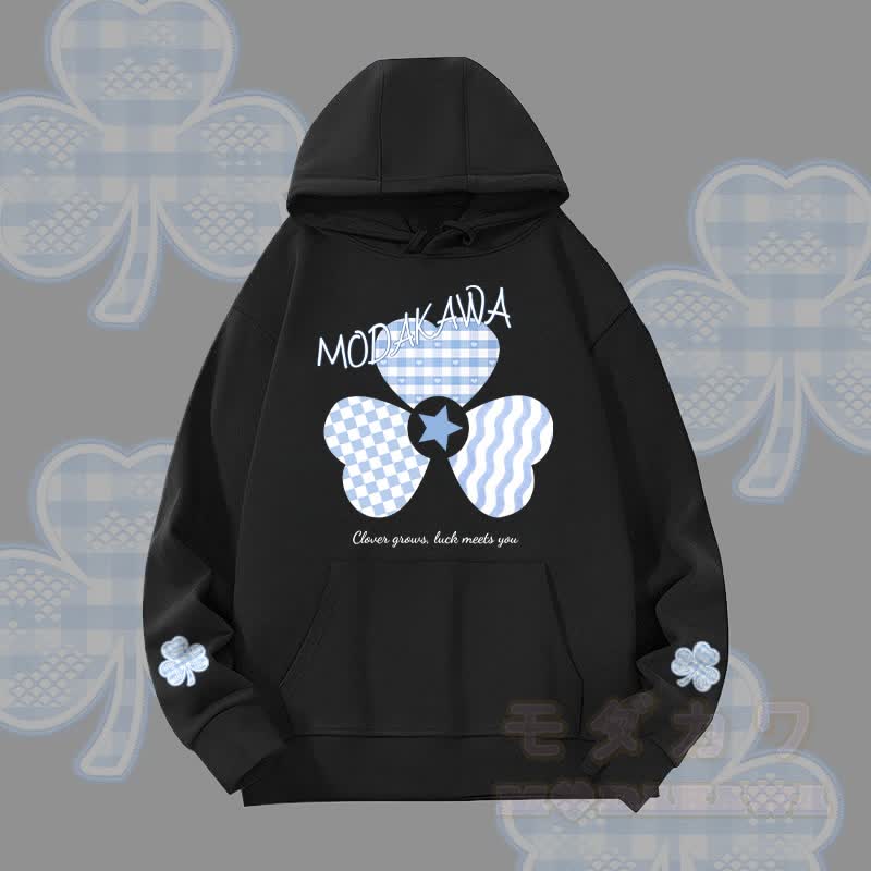 MODAKAWA Blauer Gingham-Hoodie mit dreifachem Kleeblatt-Motiv, schwere Ausführung - Schwarz - 2XL - image 1