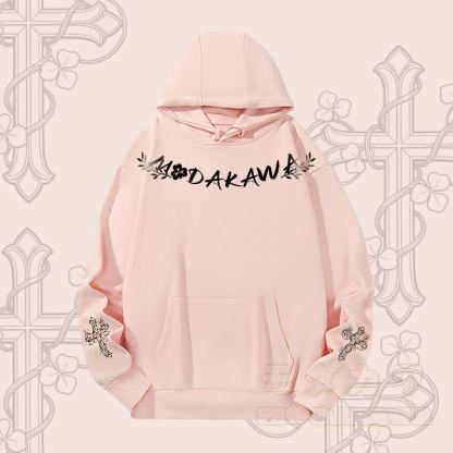 MODAKAWA Hoodie mit Blumen-, Kreuz- und Buchstabengrafik (schwerer Stoff) - Rosa - 2XL - image 1