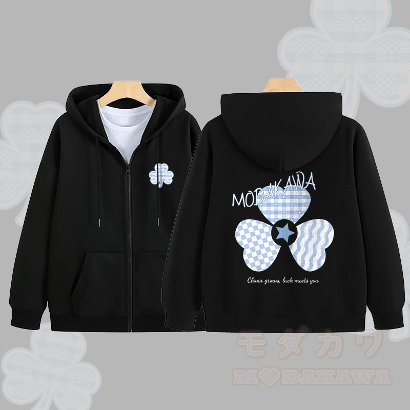 MODAKAWA Blauer Kapuzenpullover mit Vichy-Karo und dreifachem Kleeblatt-Grafikmuster, Reißverschluss - Schwarz - 5XL - image 4
