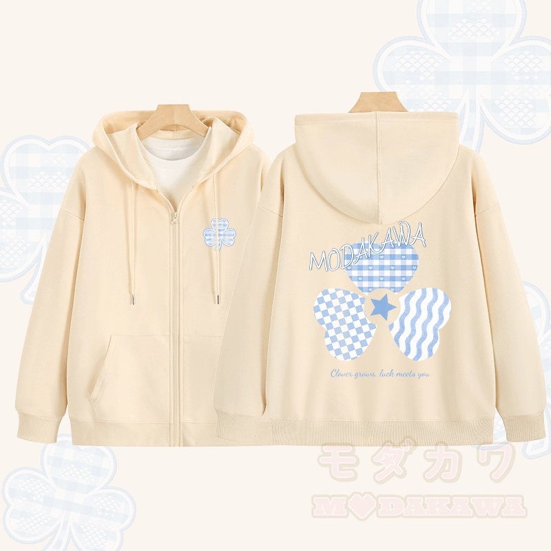 MODAKAWA Blauer Kapuzenpullover mit Vichy-Karo und dreifachem Kleeblatt-Grafikmuster, Reißverschluss - Aprikose - 5XL - image 2