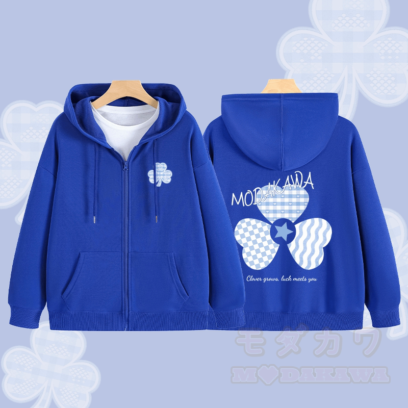 MODAKAWA Blauer Kapuzenpullover mit Vichy-Karo und dreifachem Kleeblatt-Grafikmuster, Reißverschluss - Königsblau - 5XL - image 1
