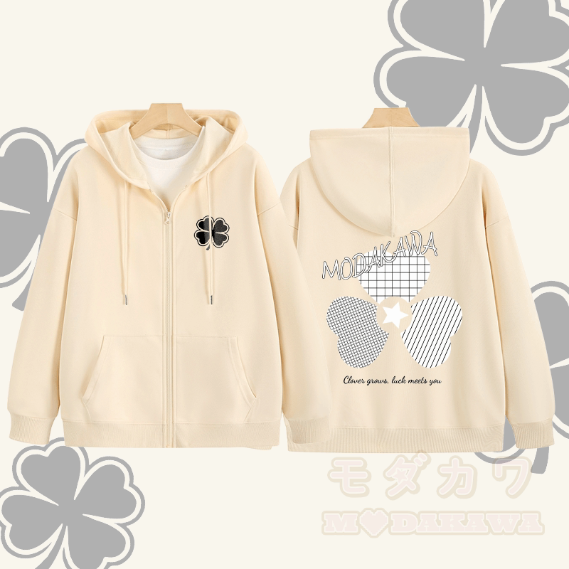 MODAKAWA Karierter Kapuzenpullover mit dreifachem Kleeblatt-Motiv und Reißverschluss - Aprikose - 5XL - image 1