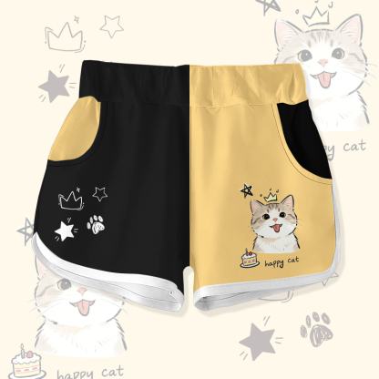 HAPPY CAT Katzenkuchen Grafik Modakawa Farben Block Shorts - Black & Yellow - 5XL - image 4