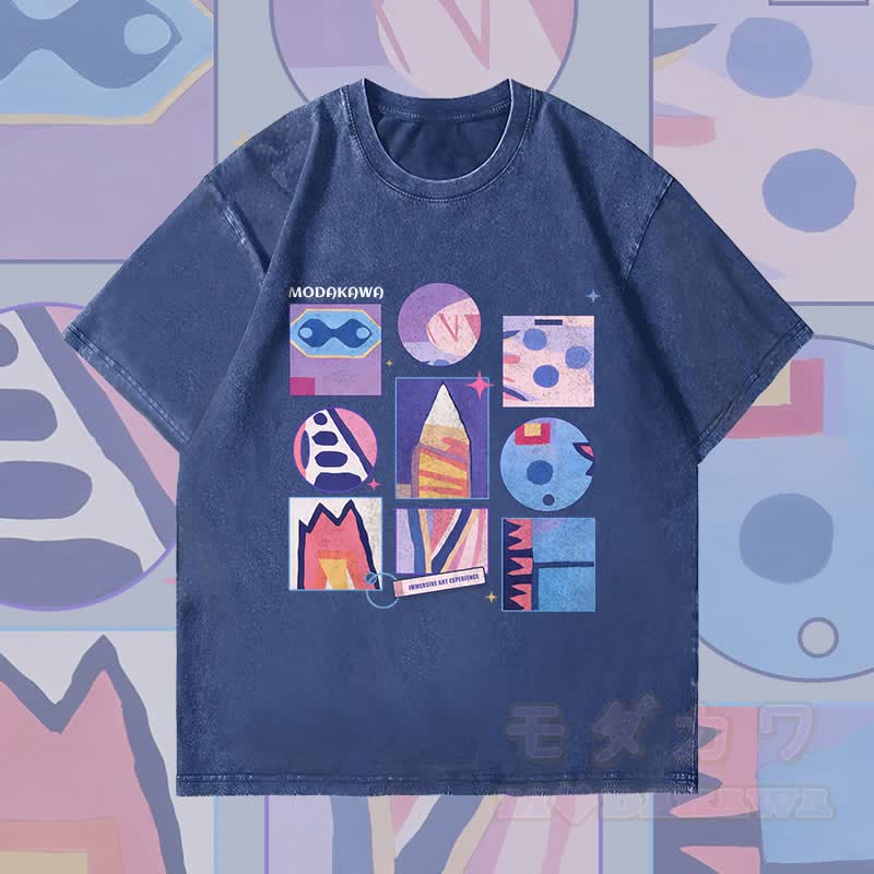 MODAKAWA Unisex Vintage Washed T-Shirt mit abstraktem Farben -Gittermuster - Dunkelblau - 4XL - image 1