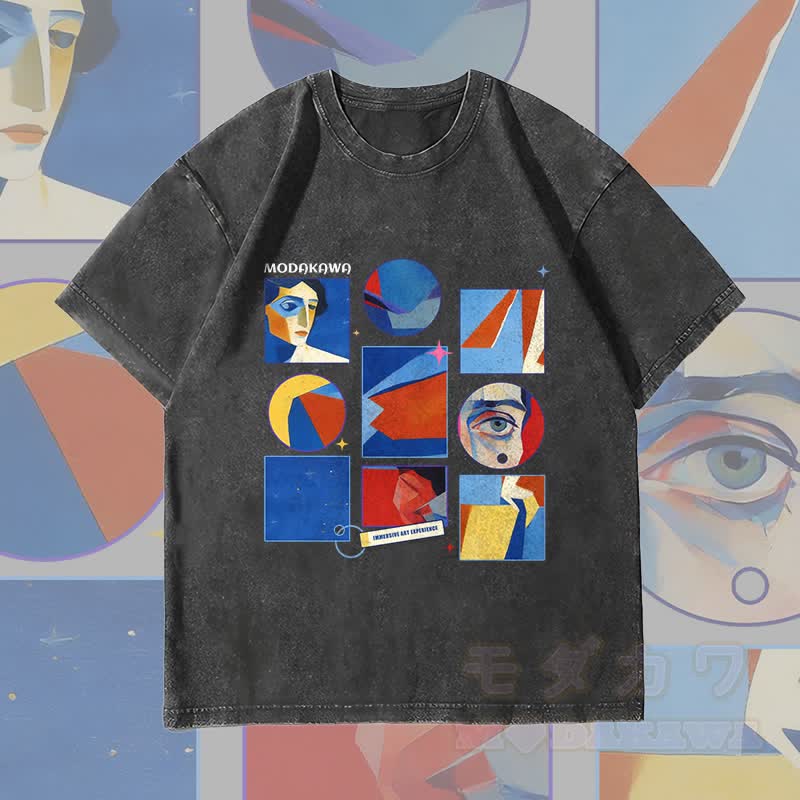 MODAKAWA Abstraktes Porträt-Gitter-Grafik Unisex Vintage Washed T-Shirt - Schwarz - 4XL - image 2