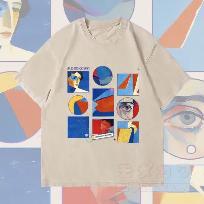 MODAKAWA Abstraktes Porträt-Gitter-Grafik Unisex Vintage Washed T-Shirt - Beige - 4XL - image 1