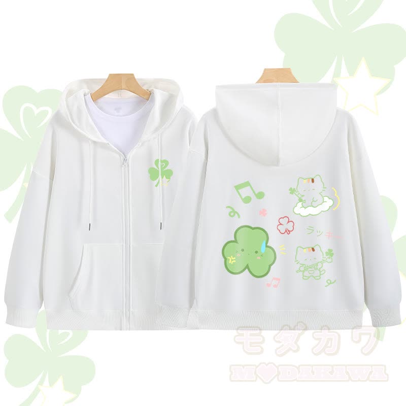 MODAKAWA Triple Clover Katzen-Grafik-Kapuzenpullover mit Reißverschluss - Weiß - 5XL - image 4