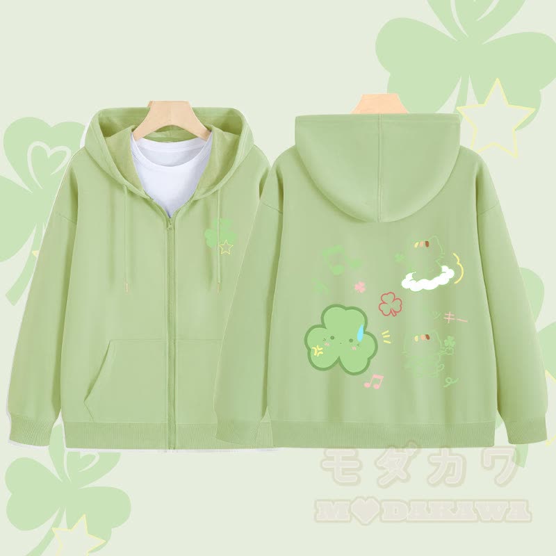 MODAKAWA Triple Clover Katzen-Grafik-Kapuzenpullover mit Reißverschluss - Grün - 5XL - image 3