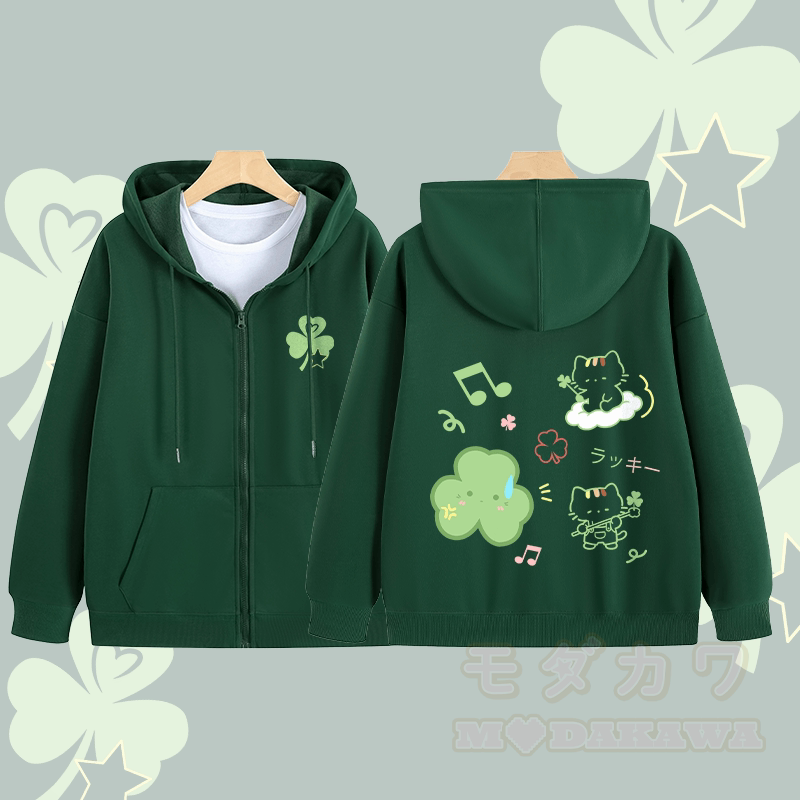 MODAKAWA Triple Clover Katzen-Grafik-Kapuzenpullover mit Reißverschluss - Dunkelgrün - 5XL - image 2