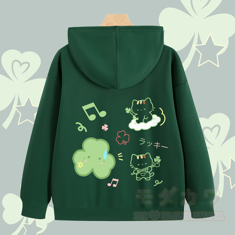 MODAKAWA Triple Clover Katzen-Grafik-Kapuzenpullover mit Reißverschluss - image 1